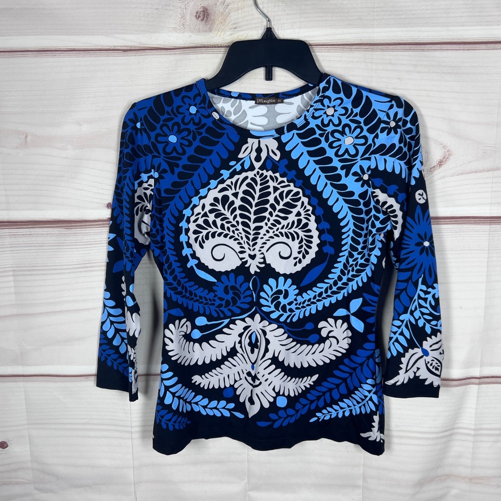 J.McLaughlin Top Women XS Blue Floral Damask Crew Neck 3/4 Sleeve Catalina Cloth